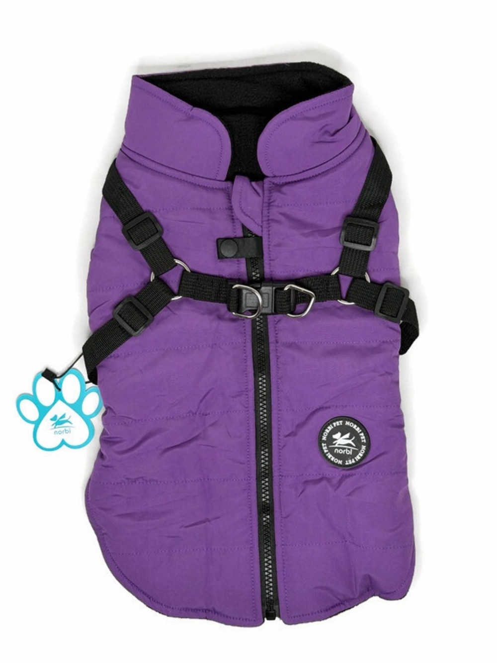 Purple Dog Coat with Black Fleece Lining and Built-In Black Harness